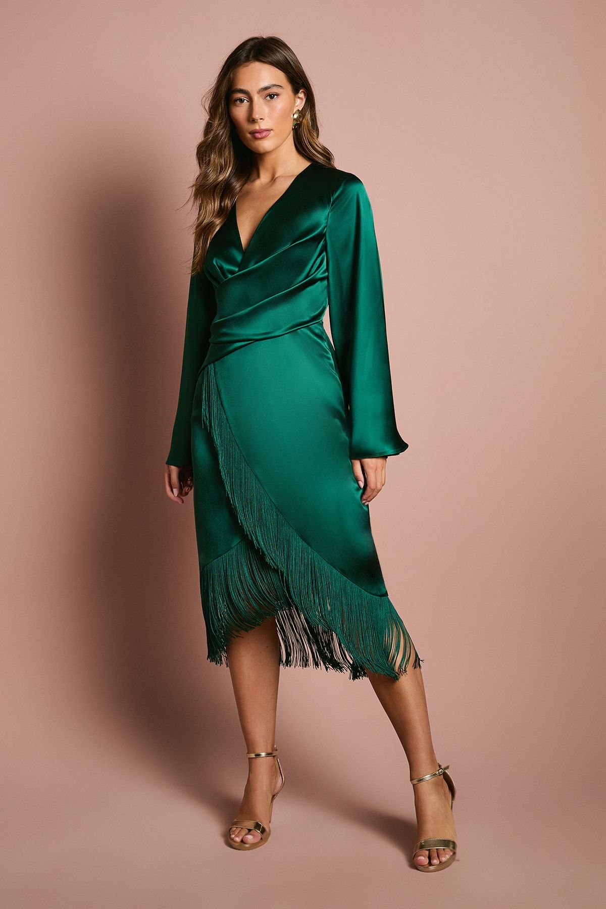 Coast Coast Women's Satin Fringe Hem Wrap Waist Midi Dress in Emerald - 2