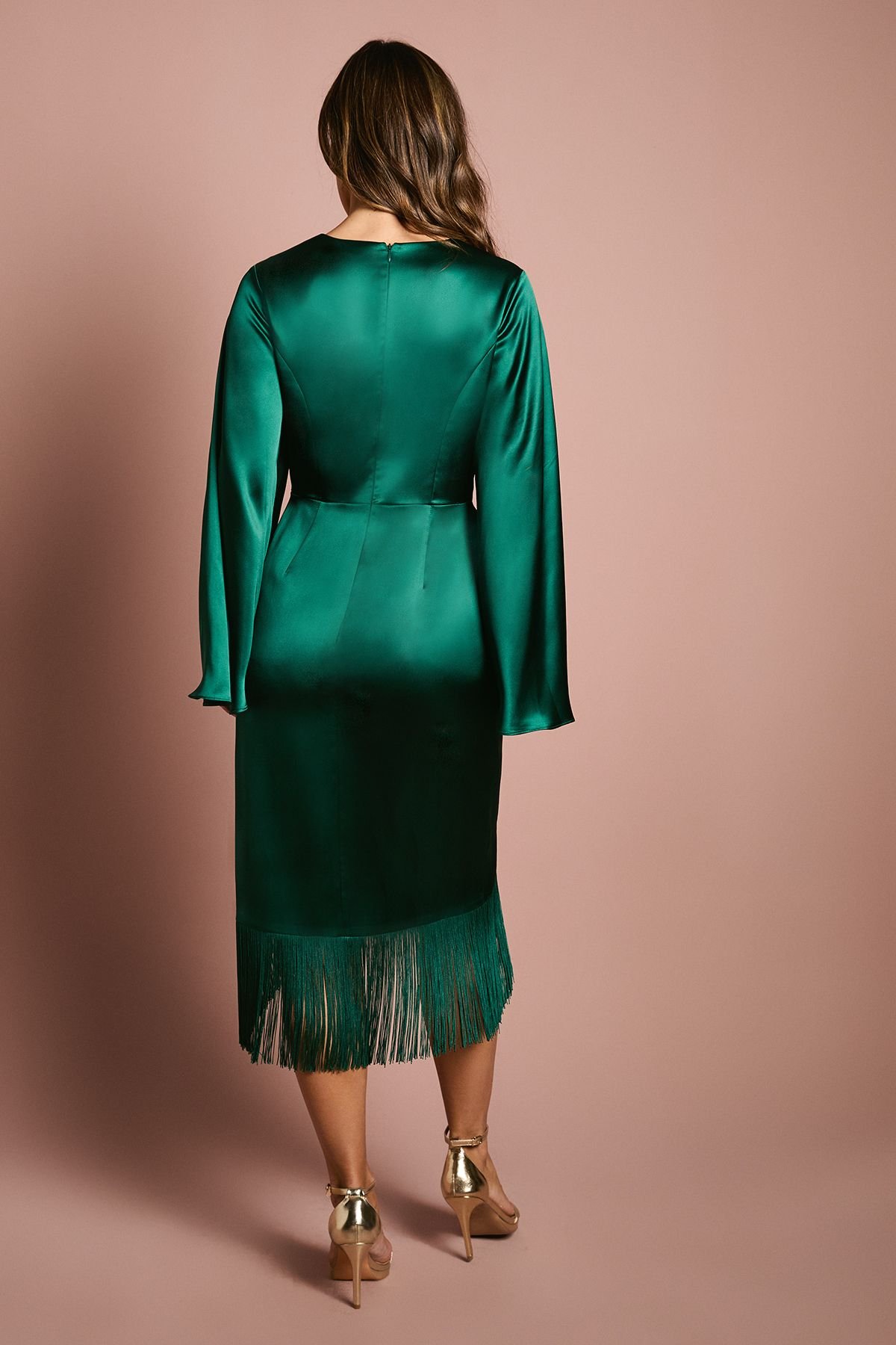 Coast Coast Women's Satin Fringe Hem Wrap Waist Midi Dress in Emerald - 3