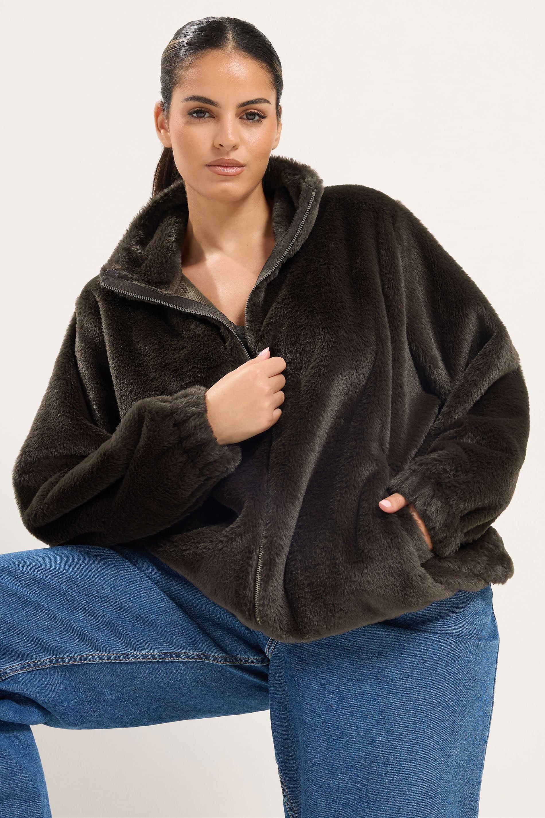 Yours Plus Size Chocolate Brown Faux Fur Funnel Neck Jacket