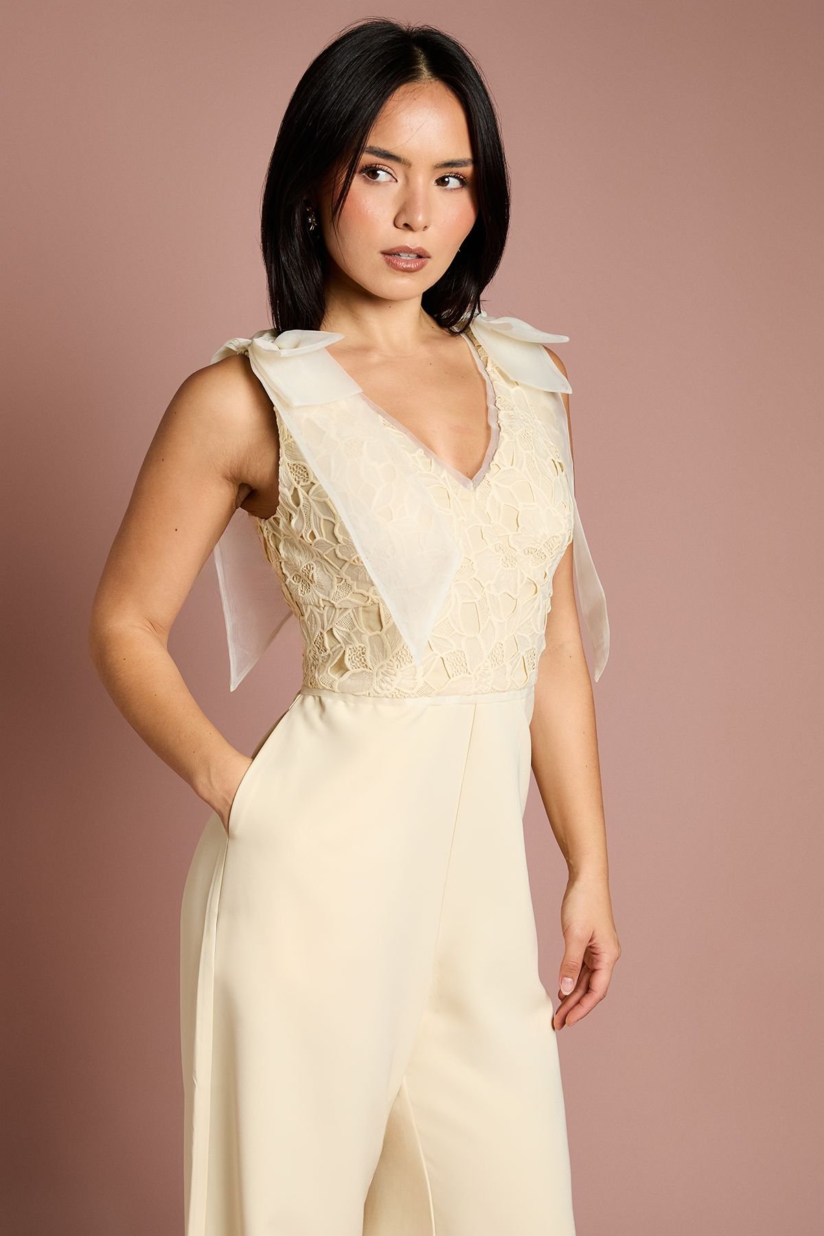 Coast Coast Women's Petite Bow Shoulder Lace Jumpsuit in Lemon - 4