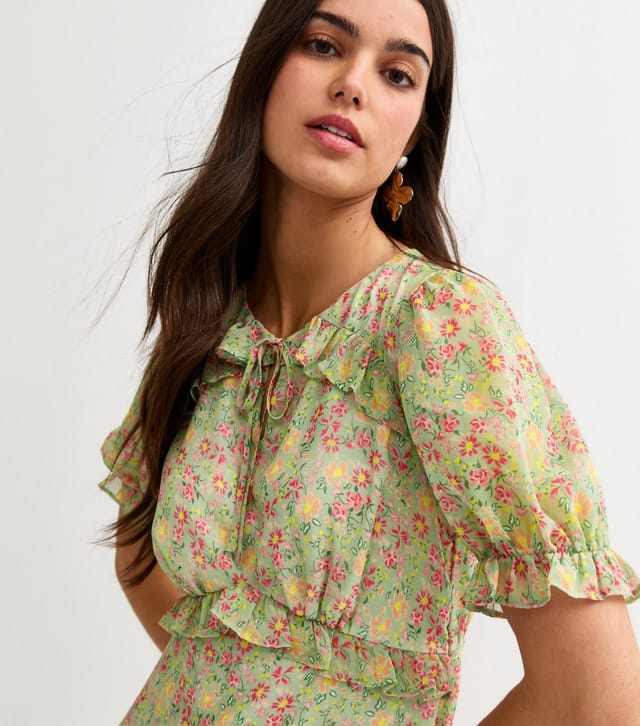 New Look Women's Green Daisy Print Ruffled Chiffon Midi Dress New Look - 2