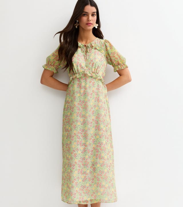New Look Women's Green Daisy Print Ruffled Chiffon Midi Dress New Look - 3
