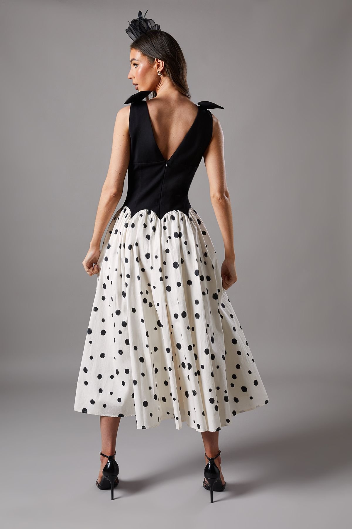 Coast Coast Women's Mono Spot Races Drop Waist Bow Shoulder Midi Dress - 3