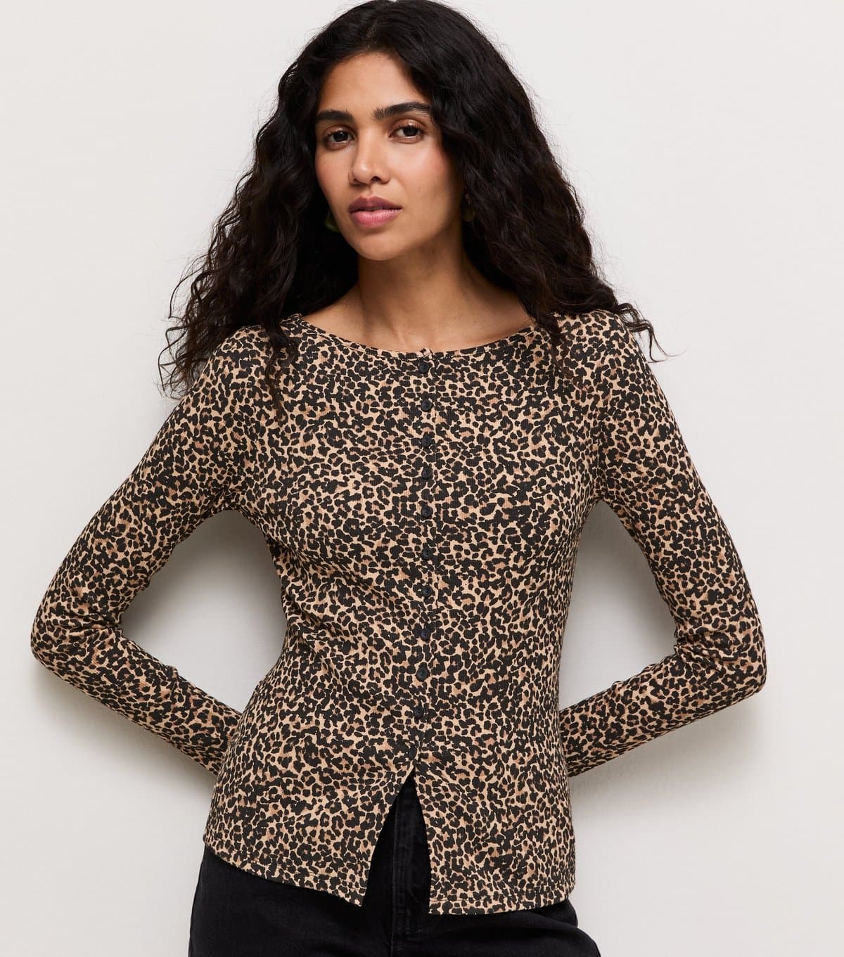 New Look Women's Brown Animal Print Button Through Long Sleeve Top New Look