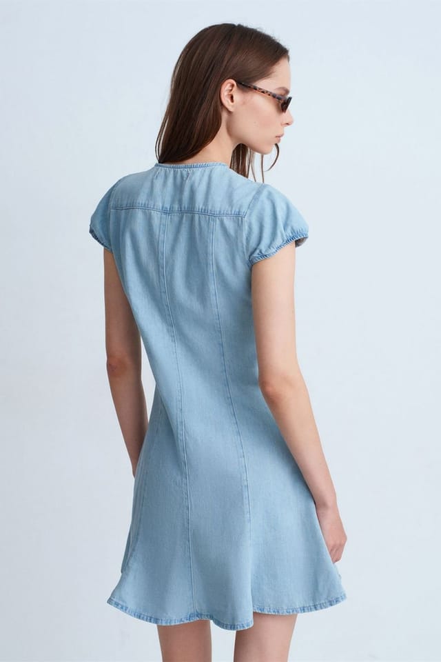 Dilvin Dilvin Women's Mini Denim A-line Dress in Light Blue - 2