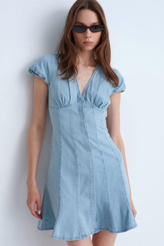 Dilvin Dilvin Women's Mini Denim A-line Dress in Light Blue - 3
