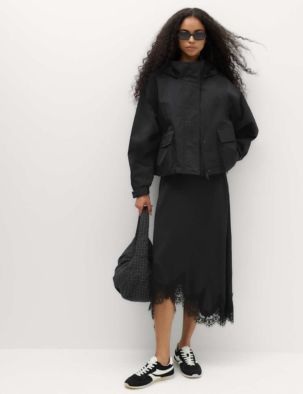 Marks & Spencer M&S Lace Hem Midi Asymmetric Skirt Black