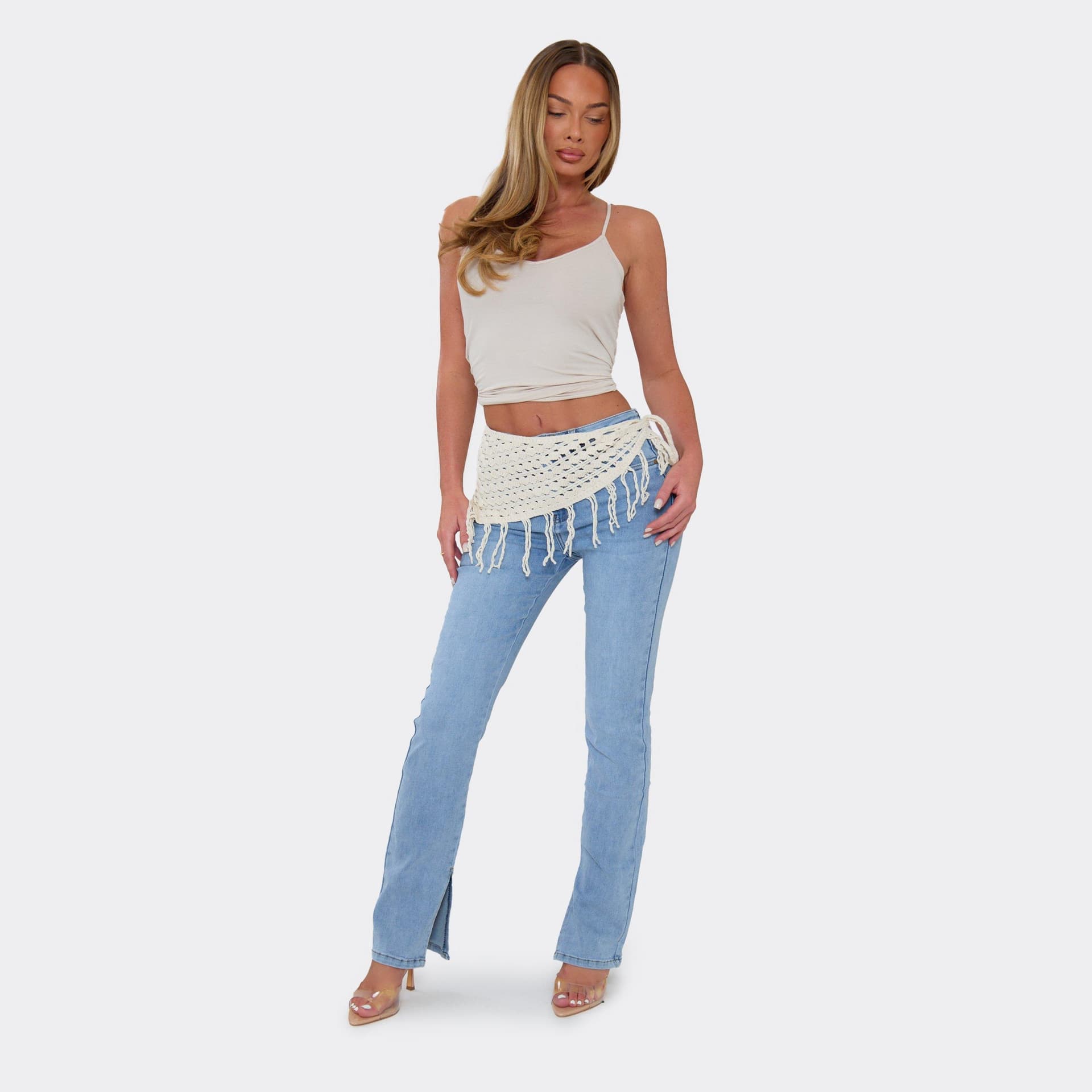 EGO Mid Rise Crochet Wrap Detail Split Hem Jeans In Light Blue Denim, Women's Size UK L