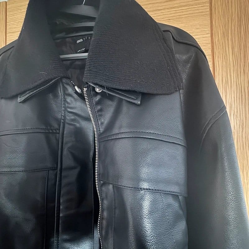 ASOS Design Black Leather Look Bomber Jacket With Knit Collar
