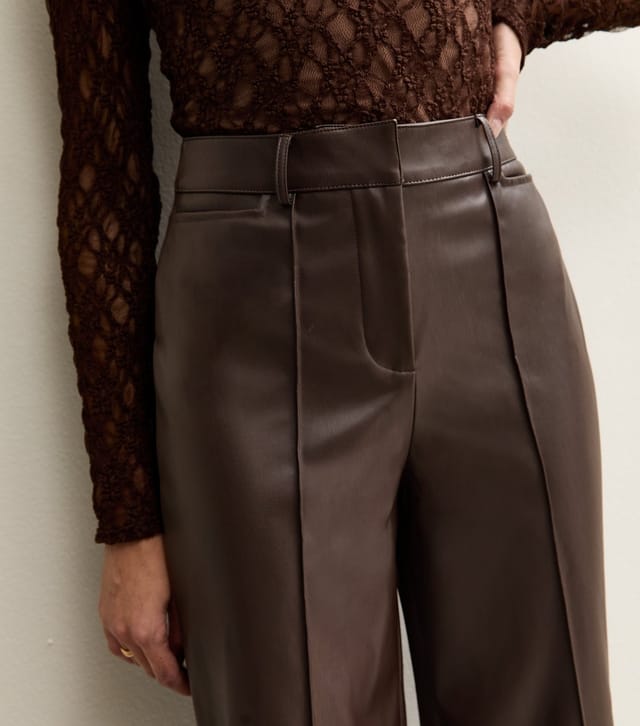 New Look Women's Dark Brown Faux Leather Wide Leg Trousers New Look - 2