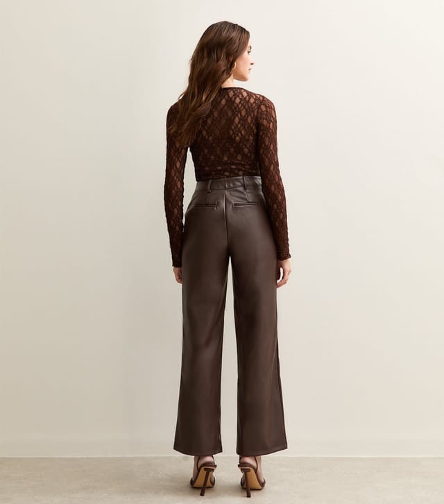 New Look Women's Dark Brown Faux Leather Wide Leg Trousers New Look - 3