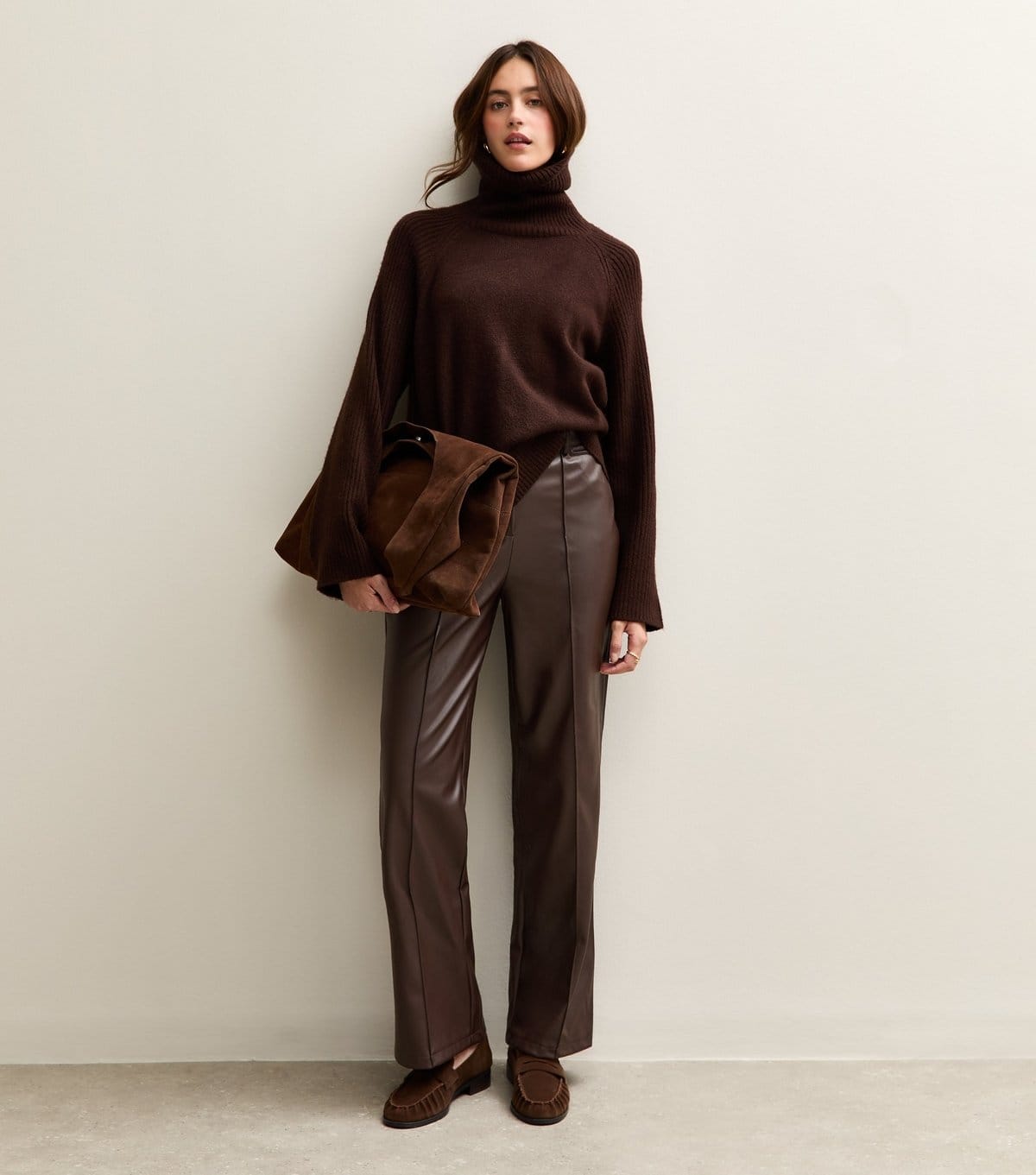 New Look Women's Dark Brown Faux Leather Wide Leg Trousers New Look - 4