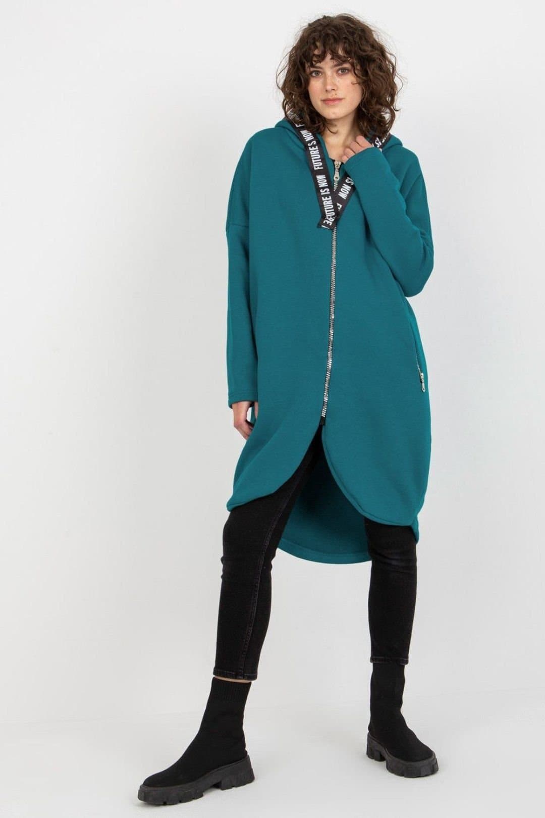 Love Lace Love Lace Women's Extended Hooded Zip Sweatshirt with Side Pockets in Green