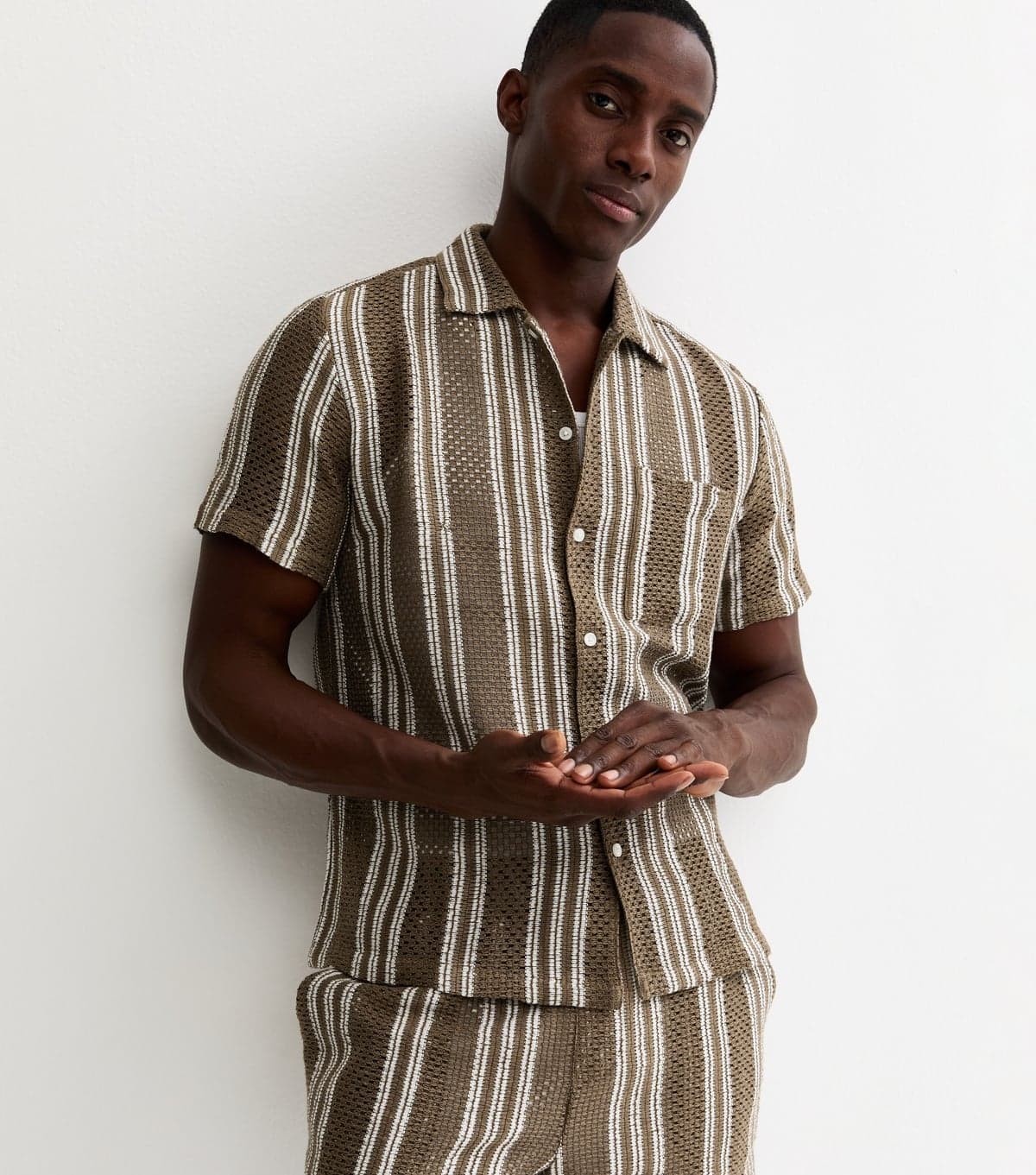 New Look Men's Green Regular Striped Open Knit Polo Shirt New Look