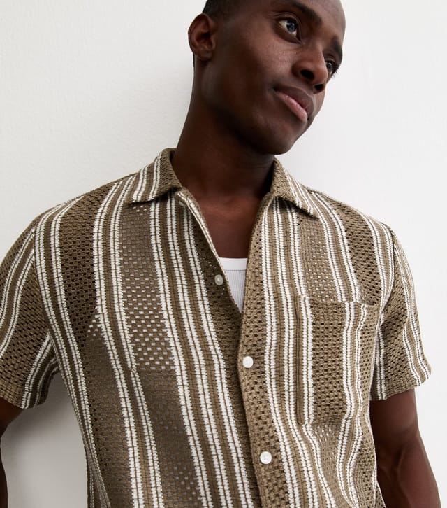 New Look Men's Green Regular Striped Open Knit Polo Shirt New Look - 2