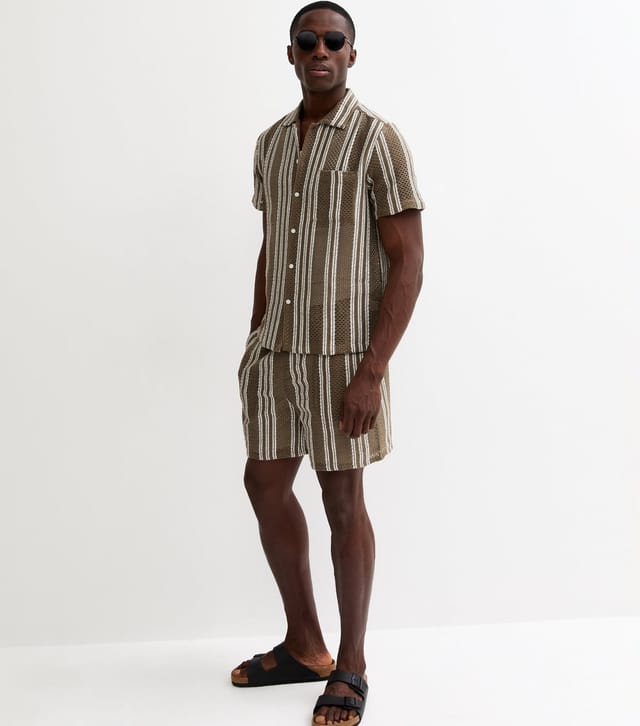 New Look Men's Green Regular Striped Open Knit Polo Shirt New Look - 3