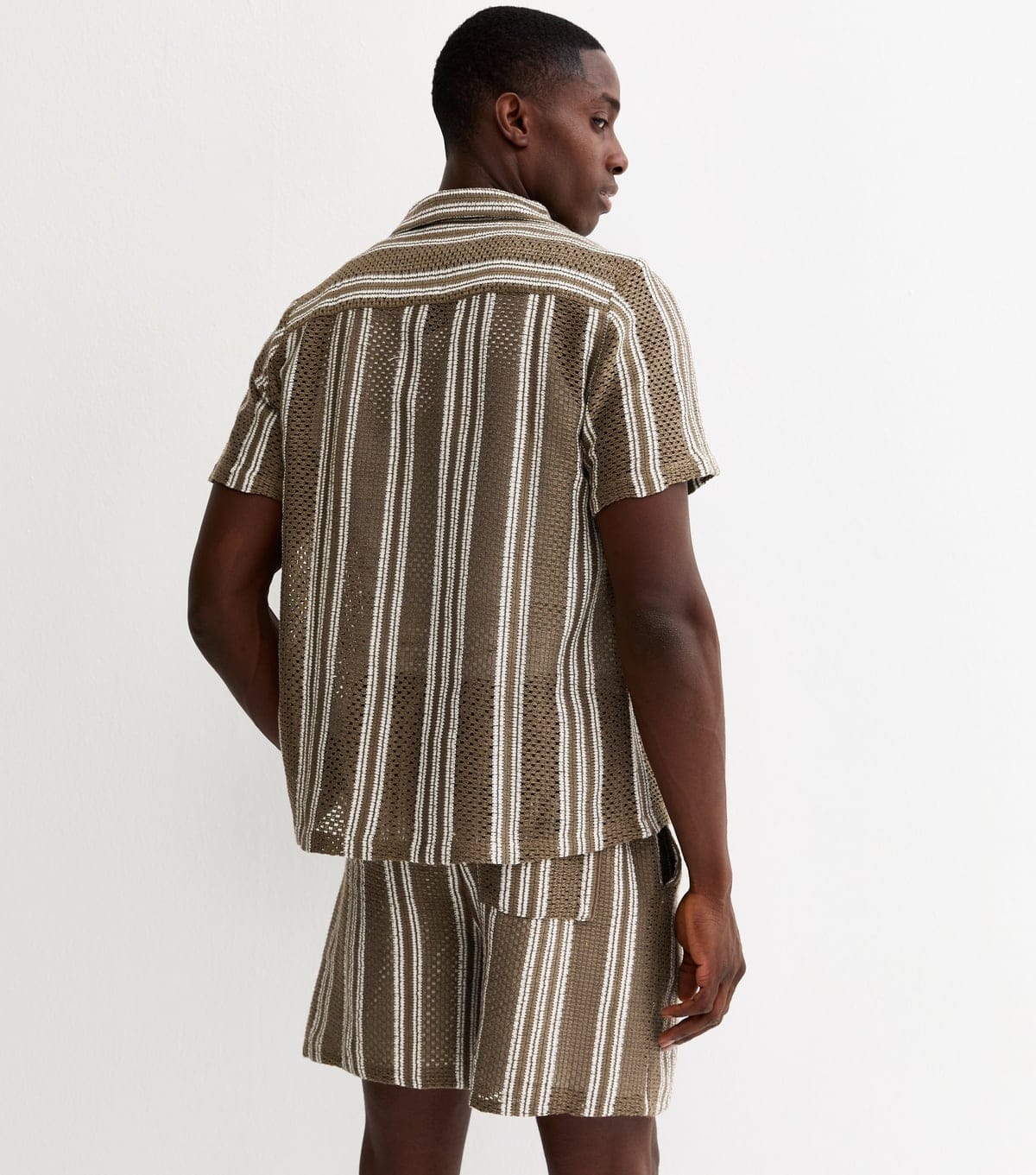 New Look Men's Green Regular Striped Open Knit Polo Shirt New Look - 4