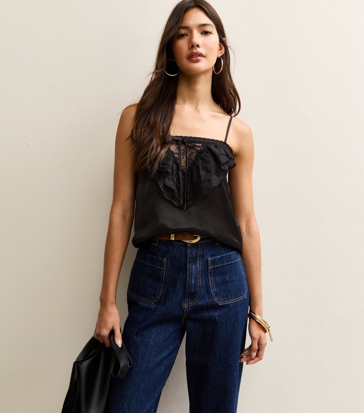 New Look Women's Black Lace Frill Cami Top New Look