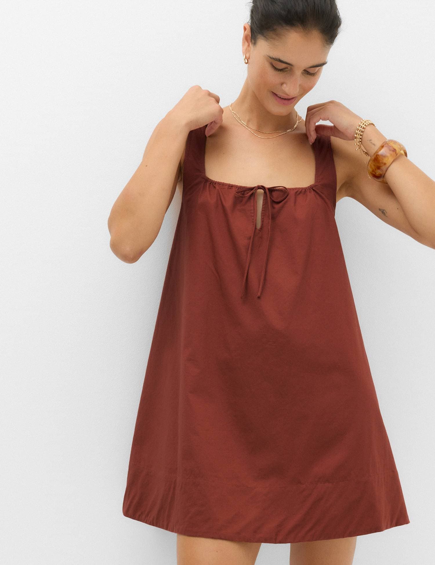 Marks & Spencer M&S Pure Cotton Tie Front Mini Swing Beach Dress Redwood
