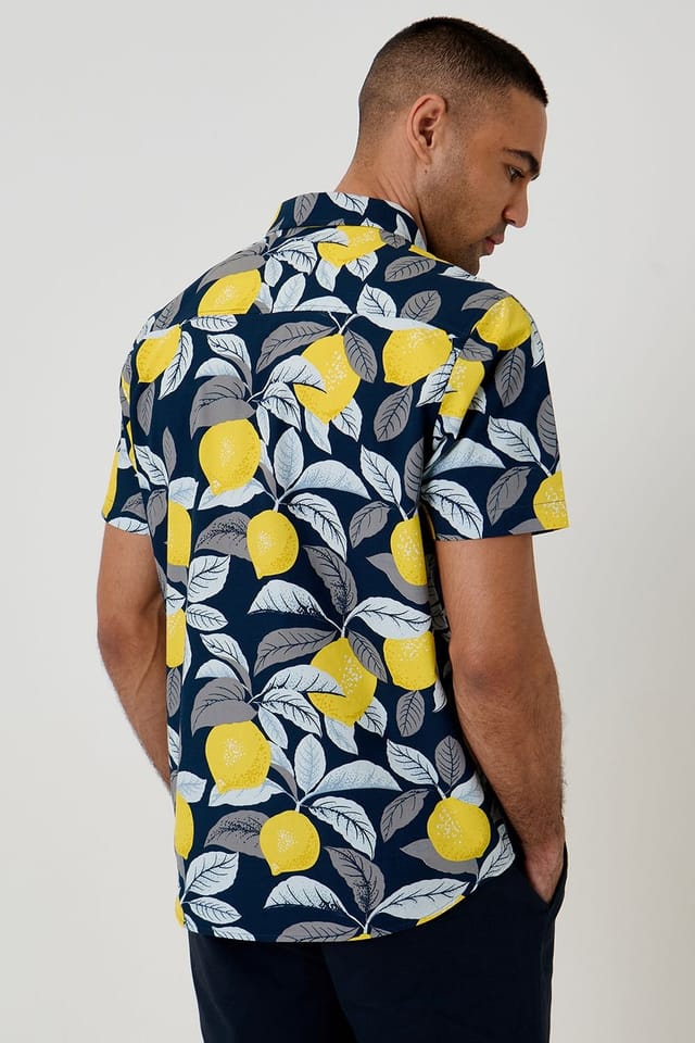 Threadbare Threadbare Men's Lemon Print Cotton Short Sleeve Shirt - 2