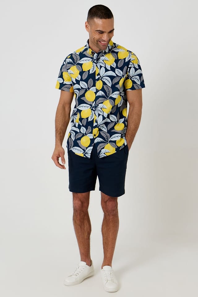 Threadbare Threadbare Men's Lemon Print Cotton Short Sleeve Shirt - 3
