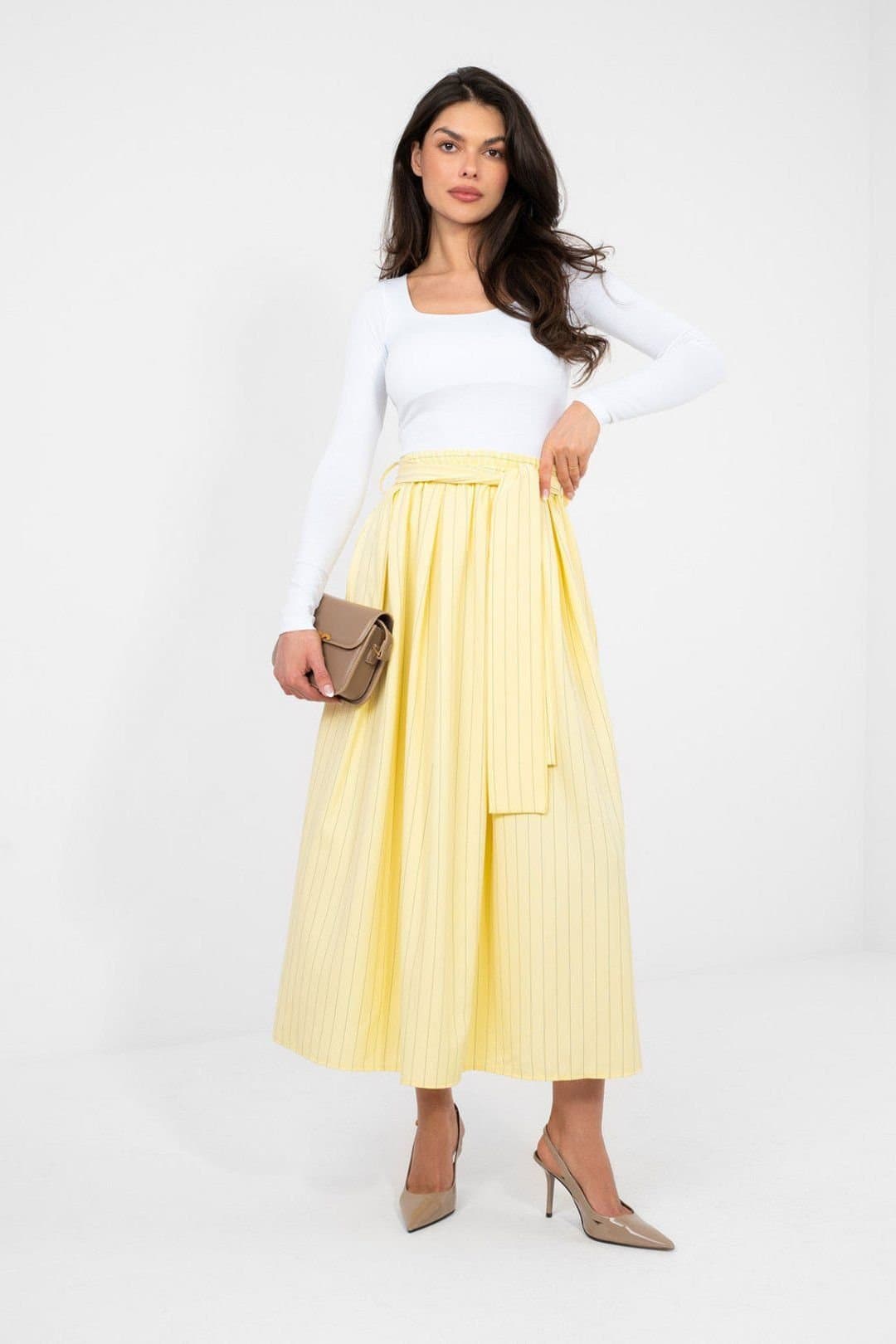Love Lace Love Lace Women's Striped High Waisted Midi Flared Skirt Tie Belt in Yellow