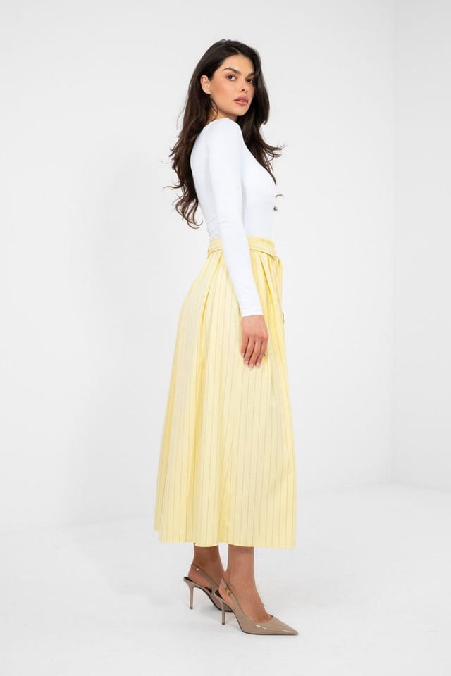 Love Lace Love Lace Women's Striped High Waisted Midi Flared Skirt Tie Belt in Yellow - 2