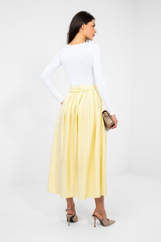 Love Lace Love Lace Women's Striped High Waisted Midi Flared Skirt Tie Belt in Yellow - 3