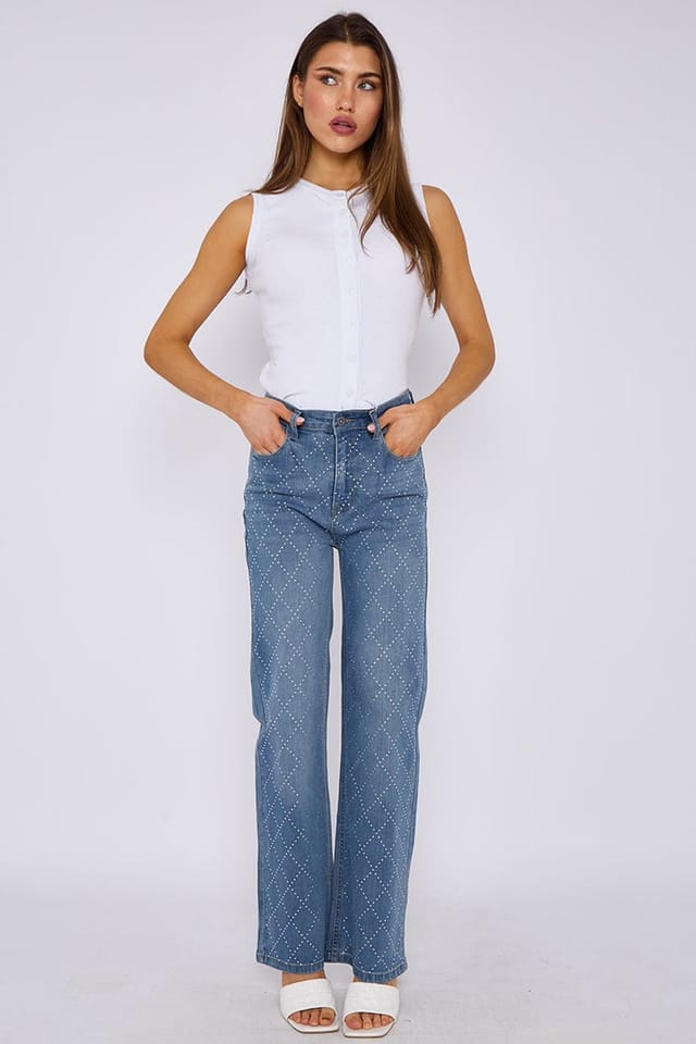 STYLEWISE STYLEWISE Women's Diamante Studded Front - Straight Leg - Jeans in Blue - 2