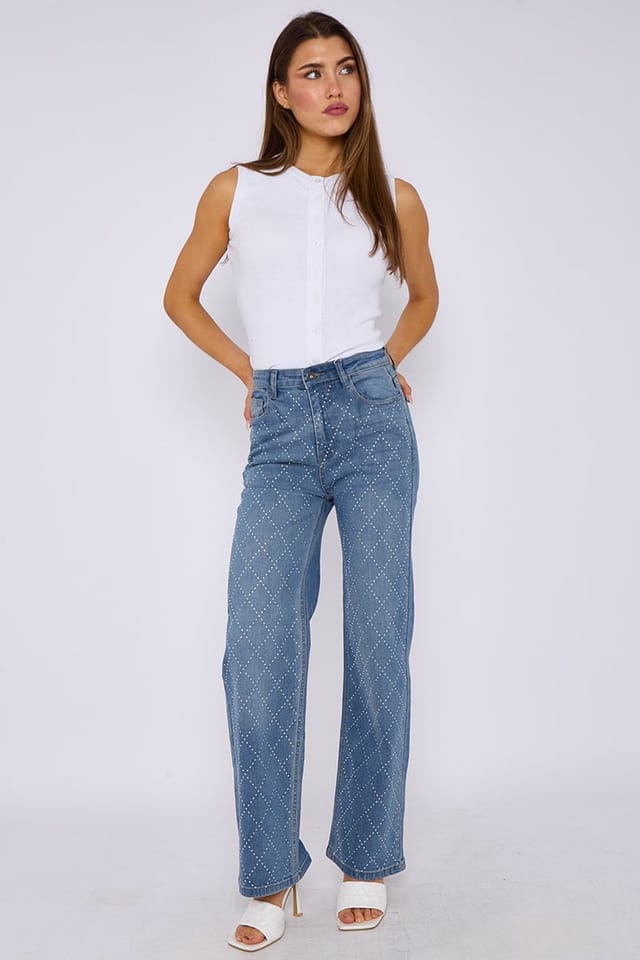 STYLEWISE STYLEWISE Women's Diamante Studded Front - Straight Leg - Jeans in Blue - 3