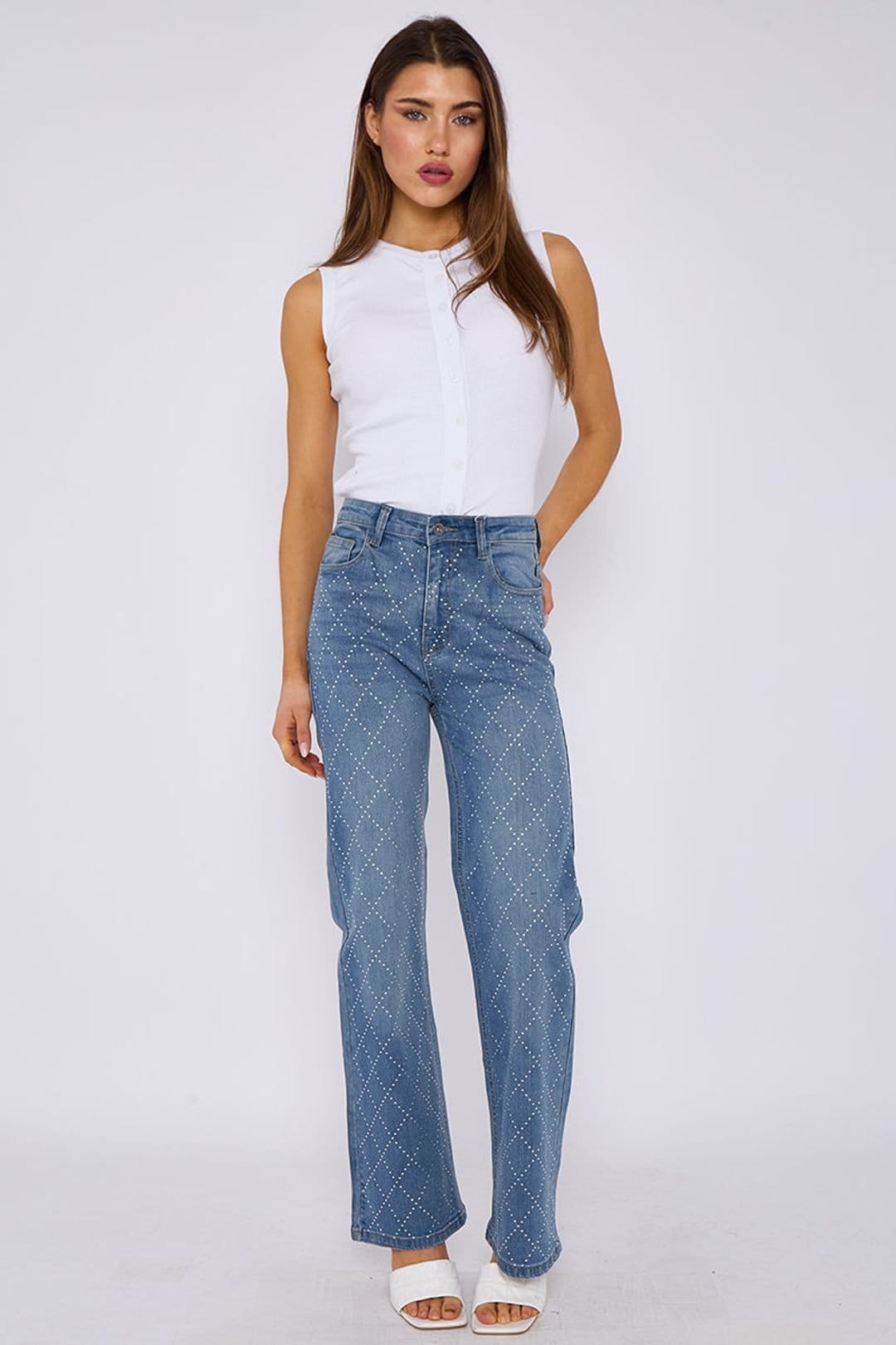 STYLEWISE STYLEWISE Women's Diamante Studded Front - Straight Leg - Jeans in Blue - 4