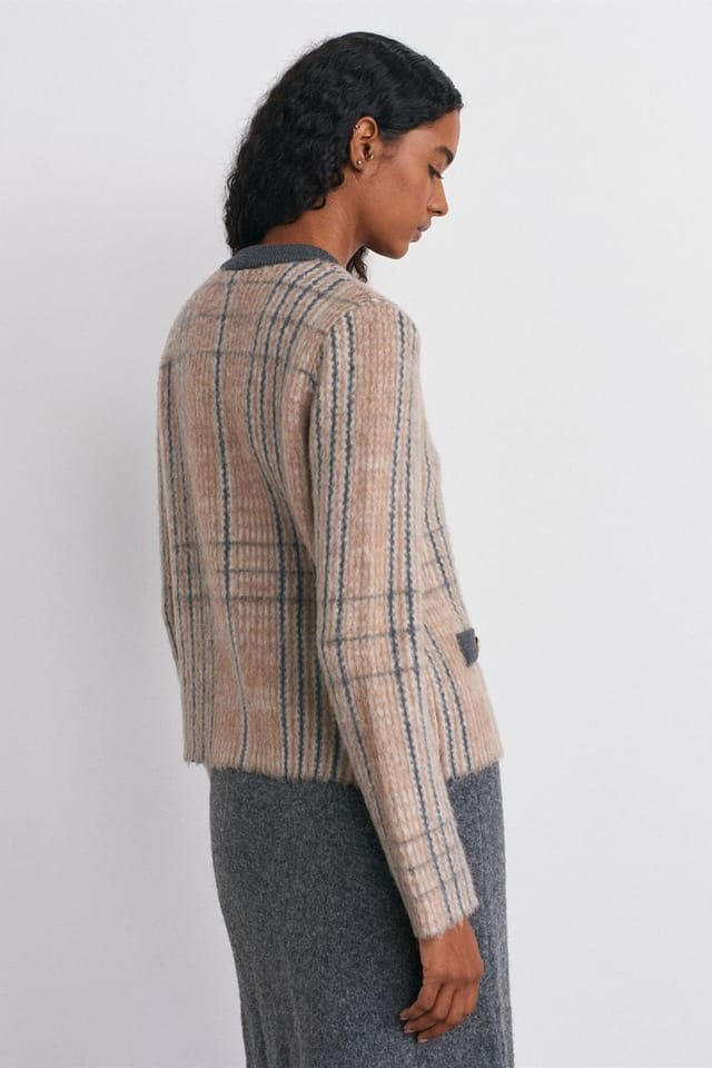 Dilvin Dilvin Women's Plaid Jacquard Crew Neck Cardigan - 2