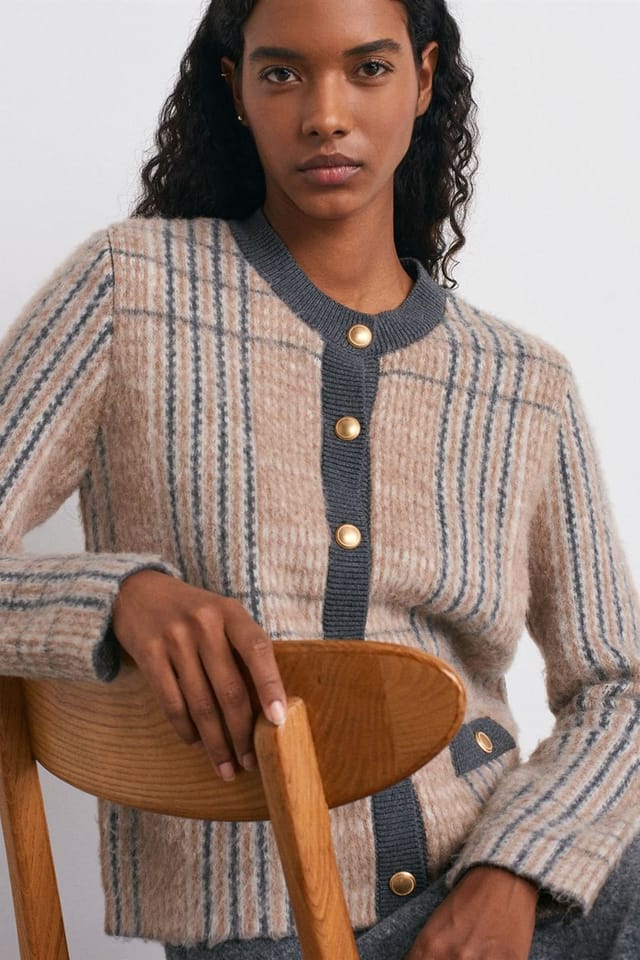 Dilvin Dilvin Women's Plaid Jacquard Crew Neck Cardigan - 3