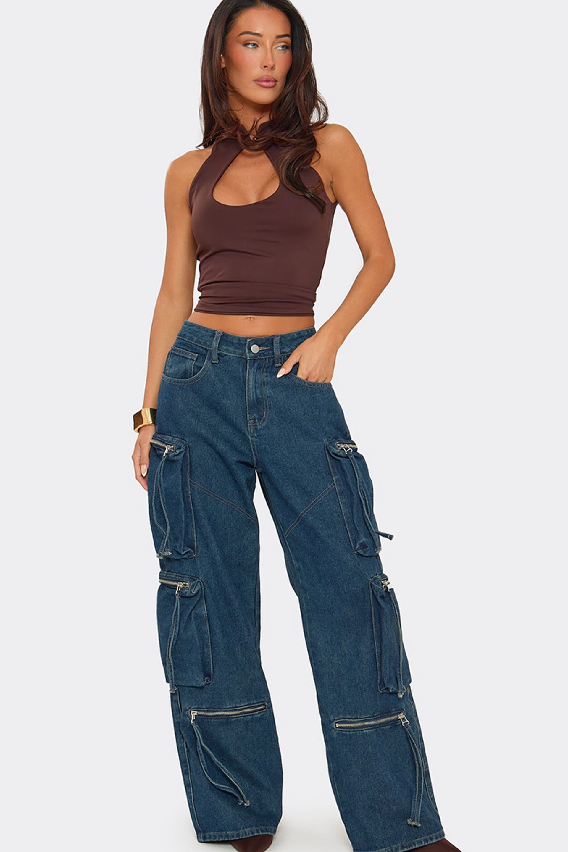 EGO EGO Women's Wide Leg Zip Zip Pocket Detail Denim Low Rise Jeans in Dark Blue