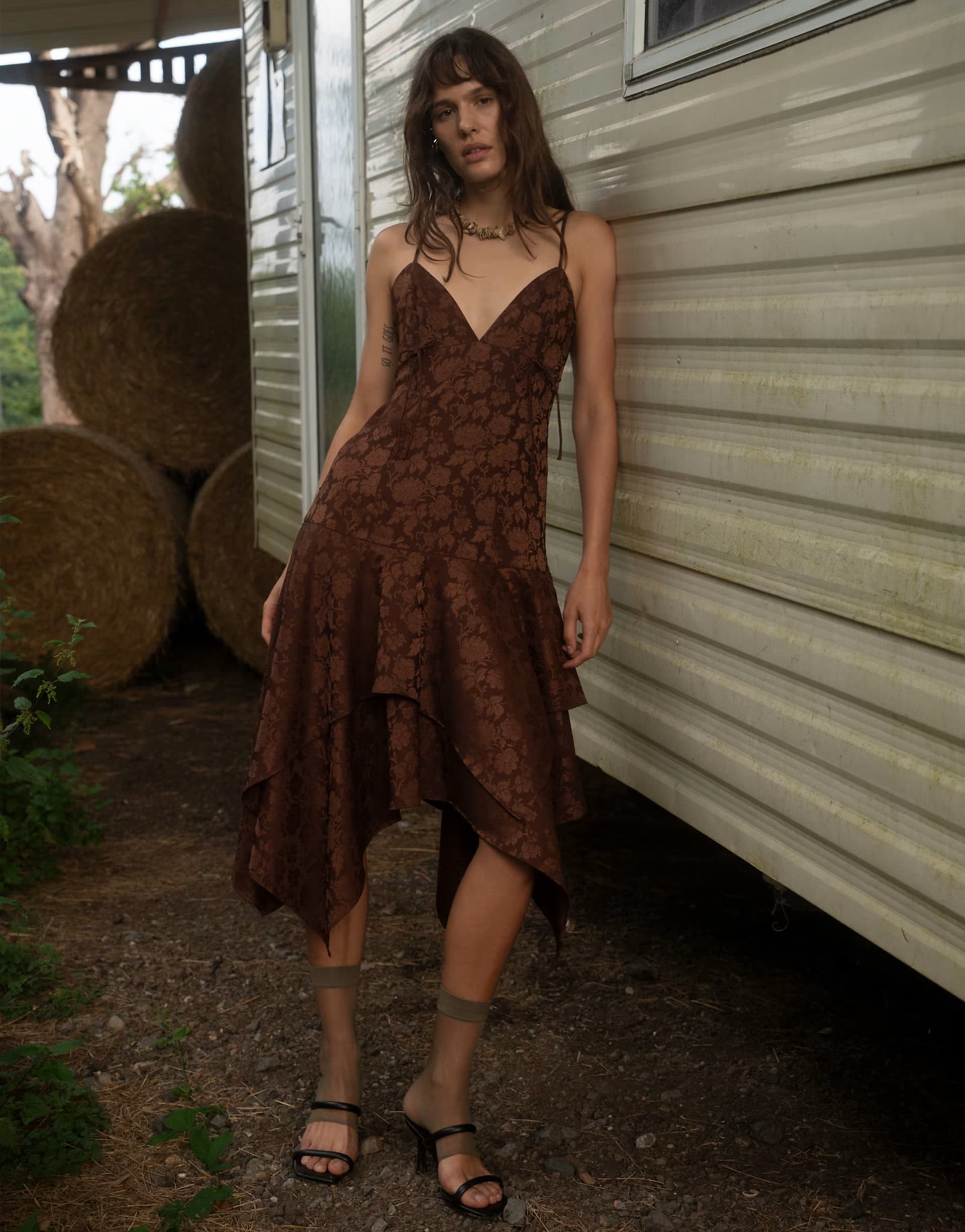 ASOS Muse Assembly v neck asymmetric hem midi dress in floral jacquard brown