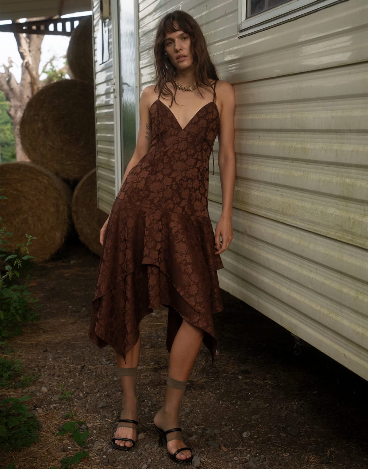 ASOS Muse Assembly v neck asymmetric hem midi dress in floral jacquard brown - 1