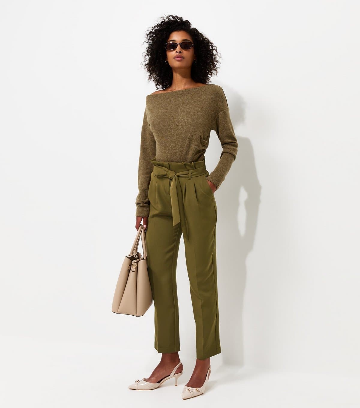 New Look Women's Dark Khaki Paperbag Waist Tie Front Trousers New Look