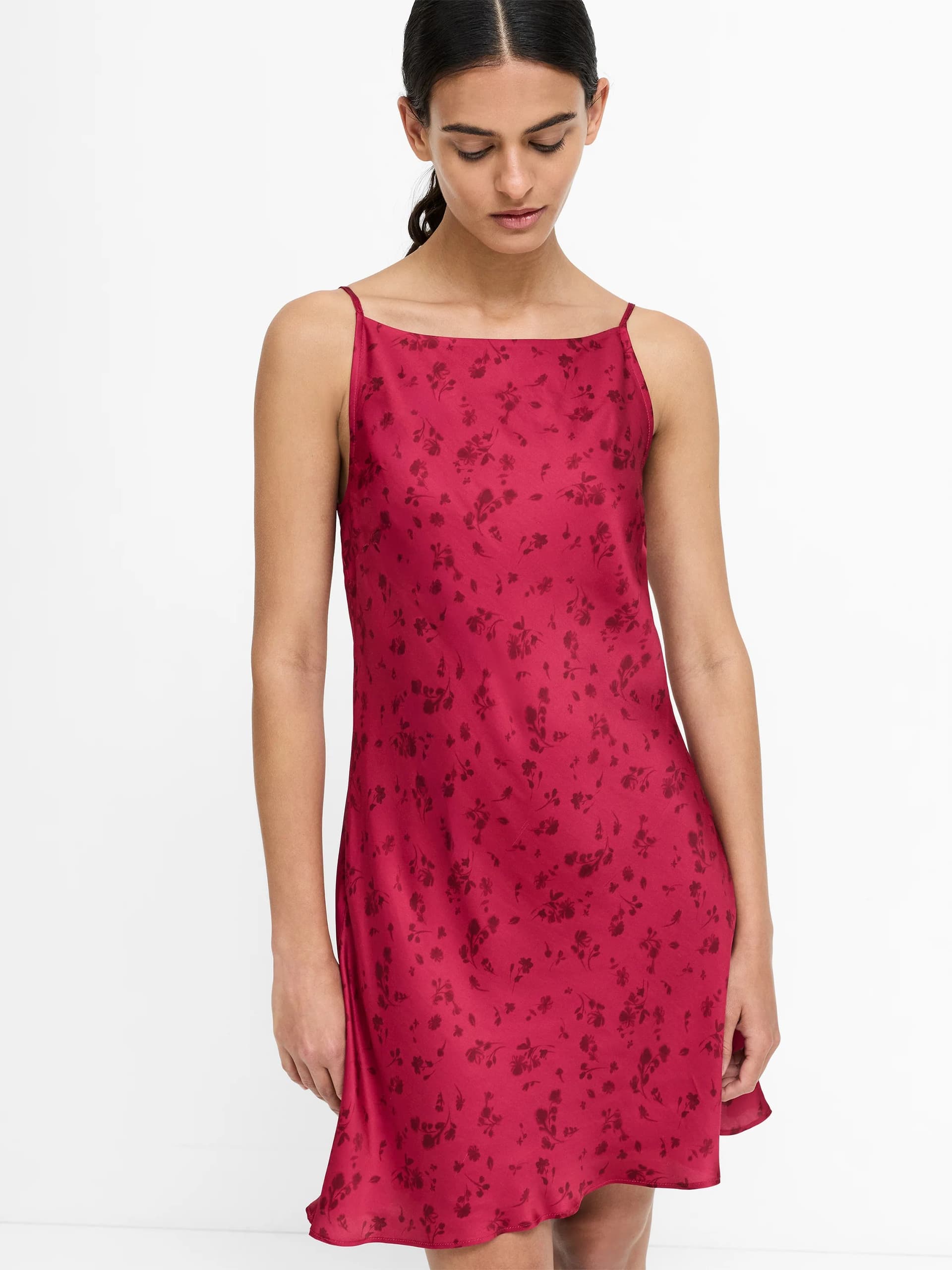 French Connection Oona Red Floral Satin Flared Mini Dress Rose Boudoir Red