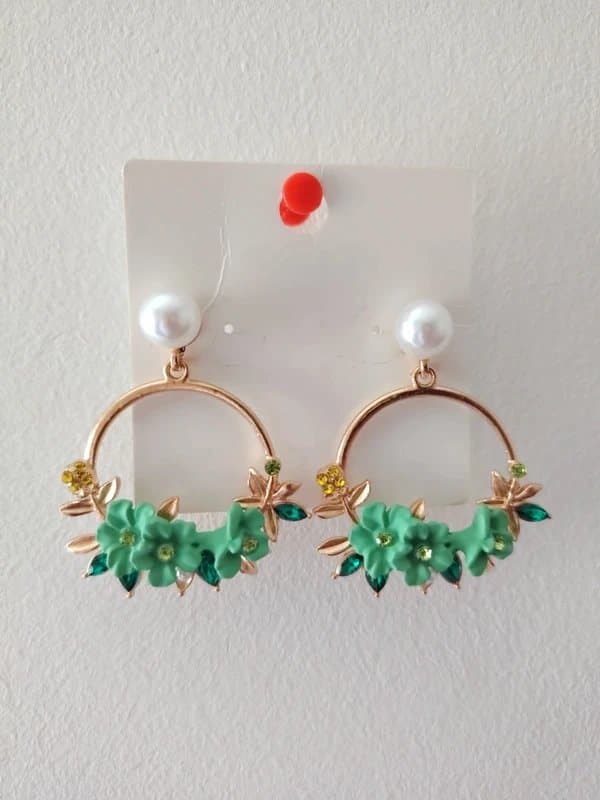 Accessories Gold Tone Floral Hoop Earrings with Green Flowers & Pearl Stud – Statement Boho Vintage Style