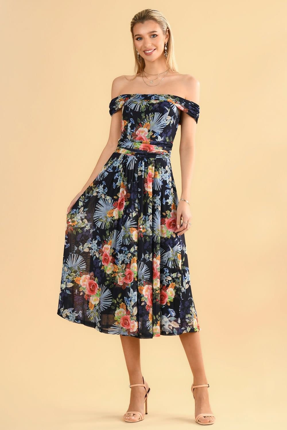 Jolie Moi Jolie Moi Women's Rezka Off-Shoulder Mesh Midi Dress in Navy