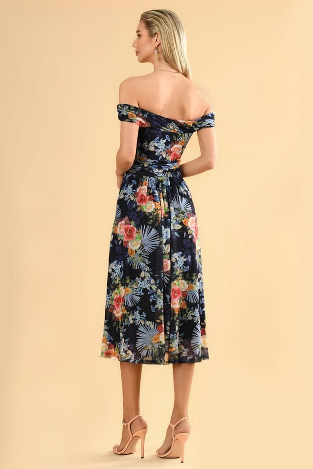 Jolie Moi Jolie Moi Women's Rezka Off-Shoulder Mesh Midi Dress in Navy - 2