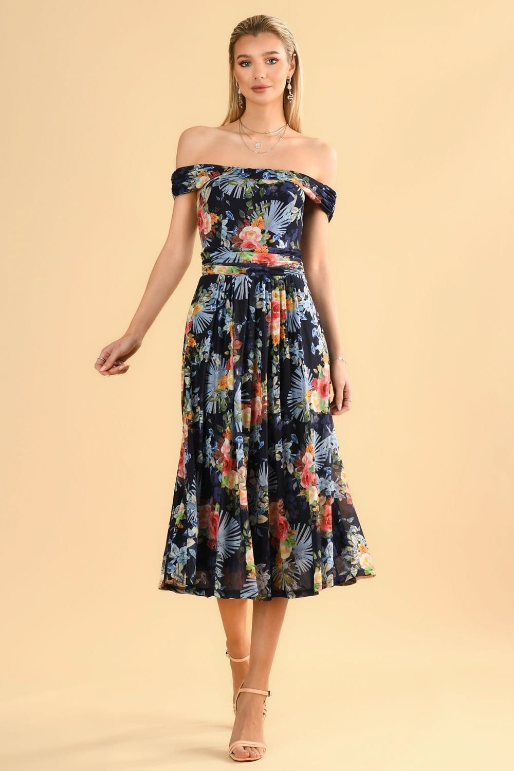 Jolie Moi Jolie Moi Women's Rezka Off-Shoulder Mesh Midi Dress in Navy - 4
