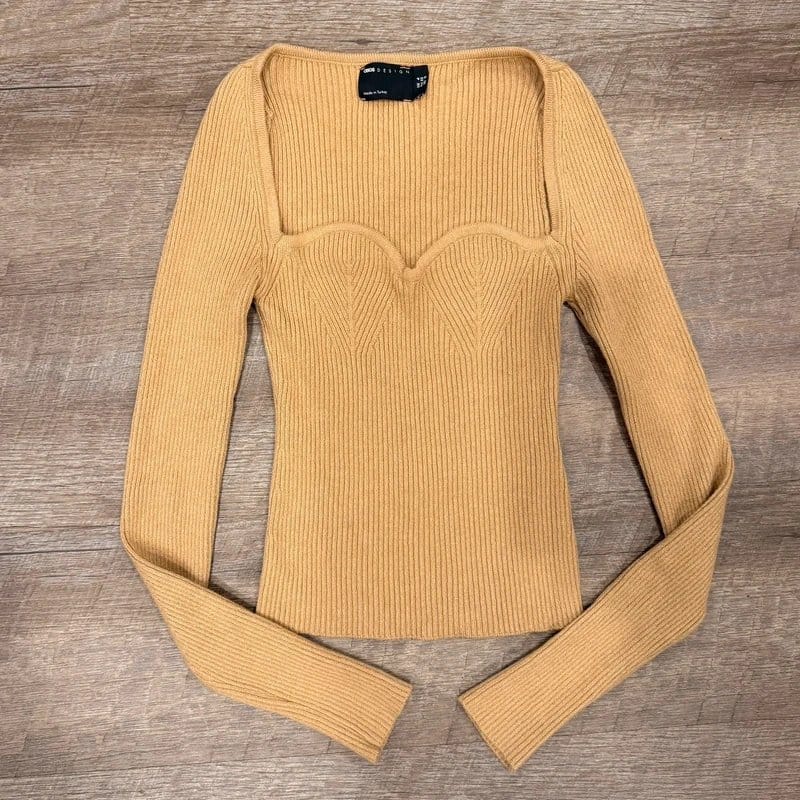 ASOS Beige Ribbed Knit Sweetheart Neckline Sweater