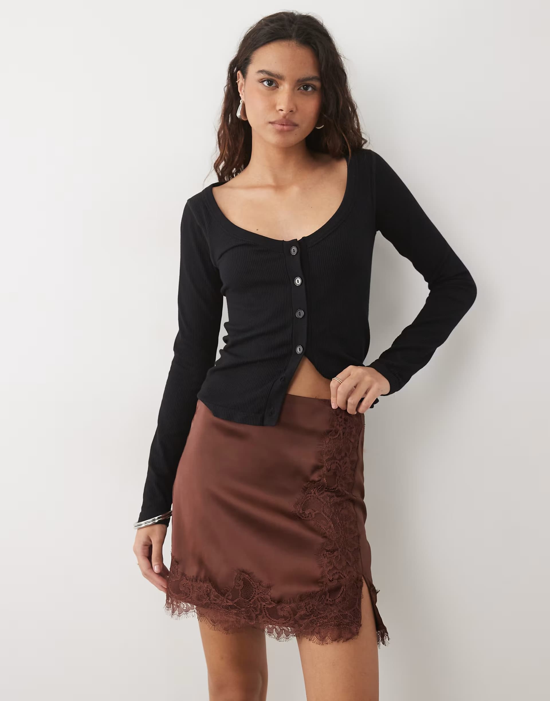 ASOS ASOS DESIGN lace insert satin mini skirt in chocolate