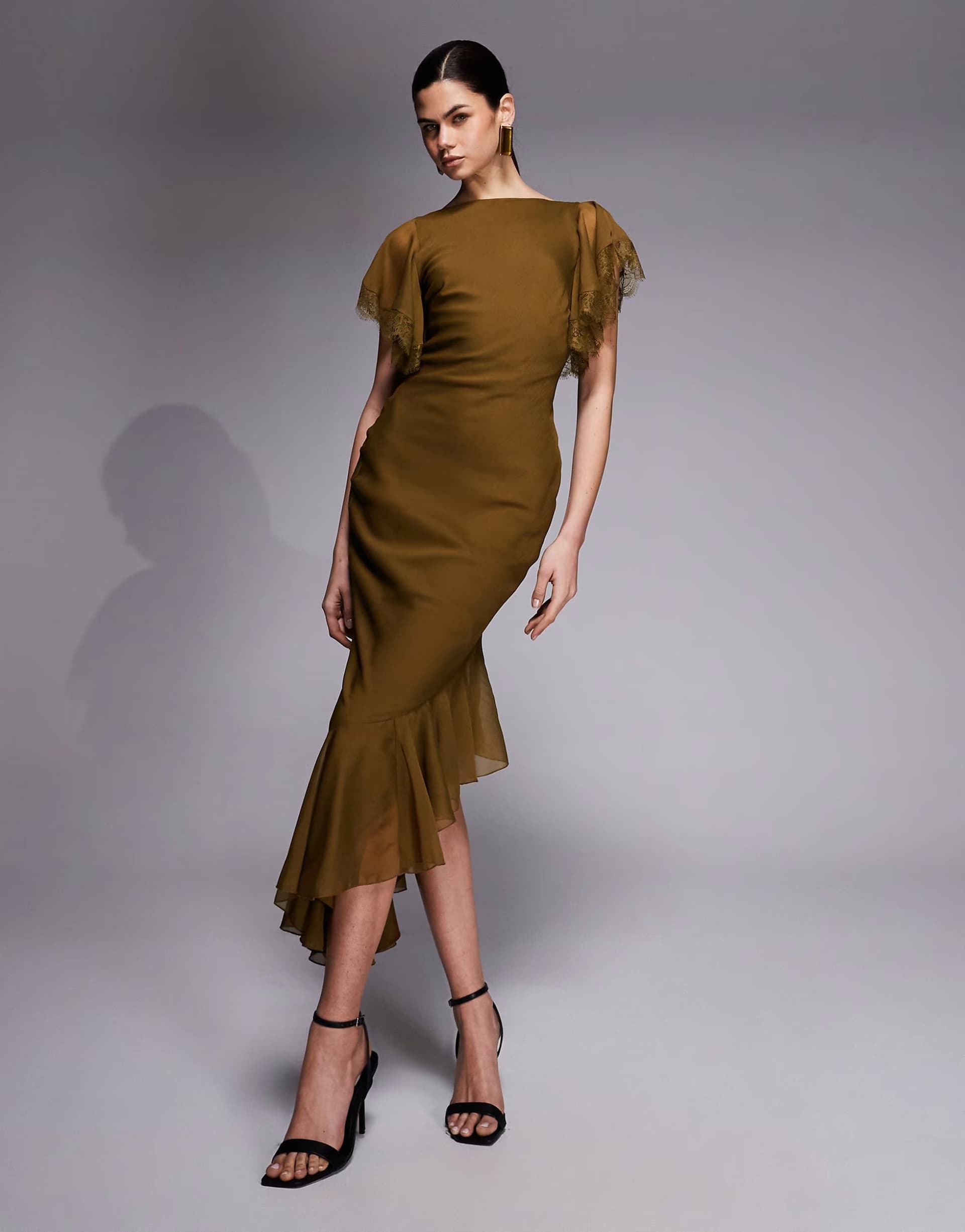 ASOS ASOS DESIGN high neckline midaxi dress with flutter sleeve and asymmetric hem shape with lace trim detailing in olive