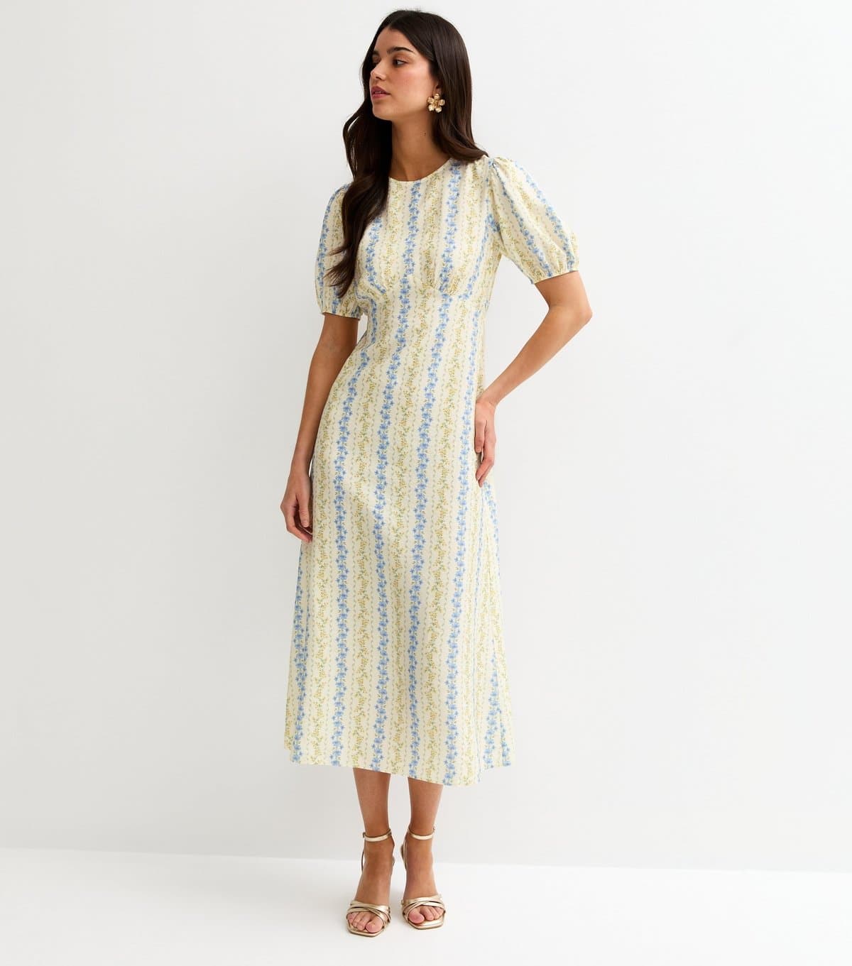 New Look Women's Cream Floral Puff Sleeve Midi Dress New Look