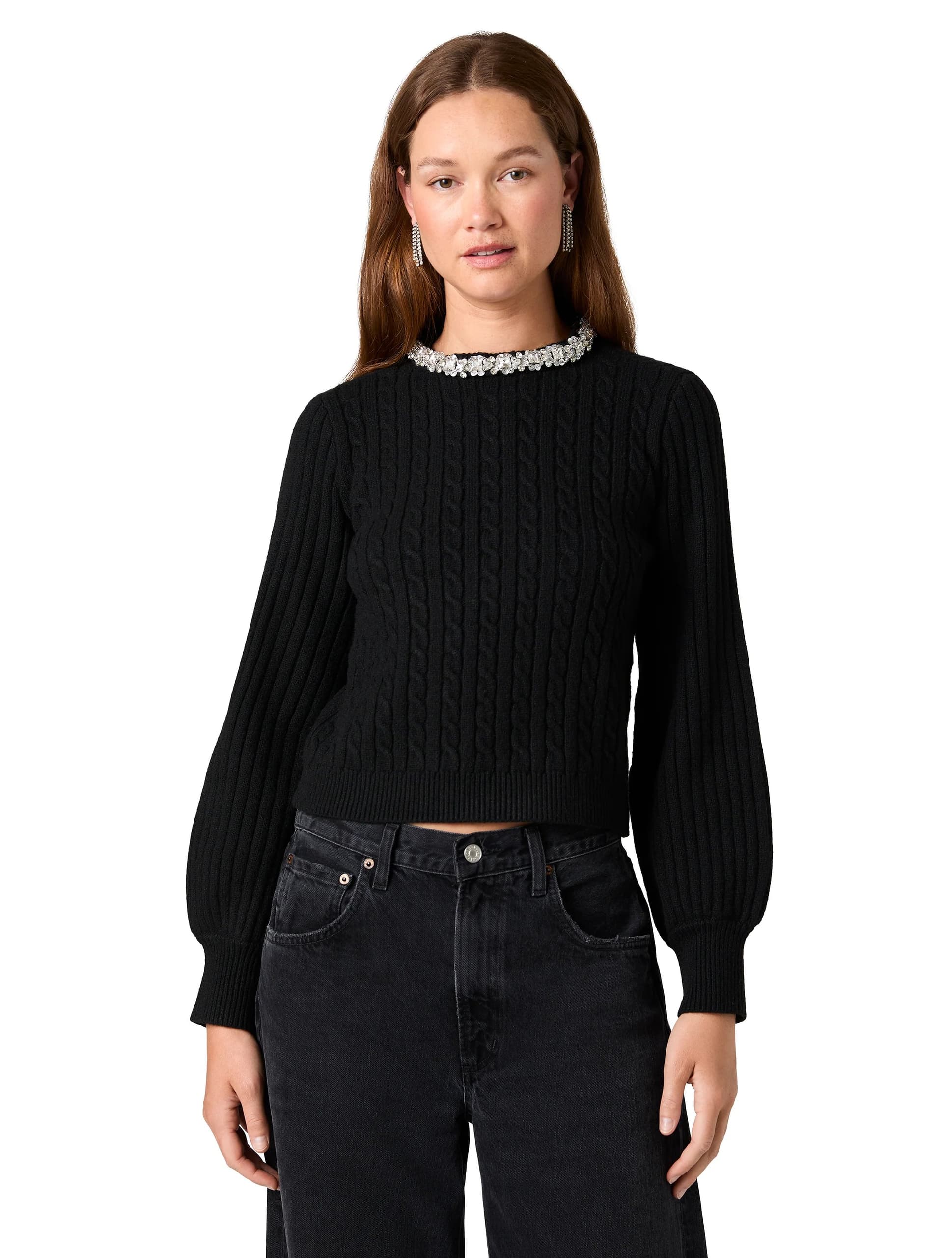 French Connection Recycled Black Cable Knit Diamante Neck Cropped Jumper Black