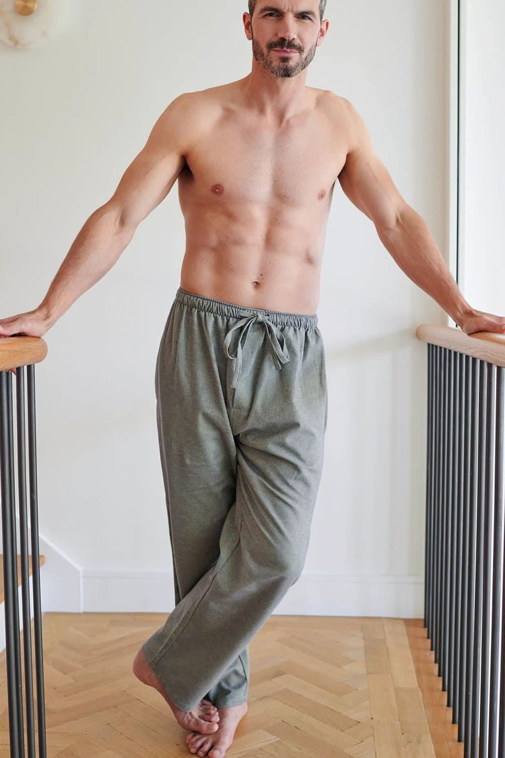British Boxers British Boxers Men's "Orkney" Herringbone Brushed Cotton Pyjama Trousers in Pale Green