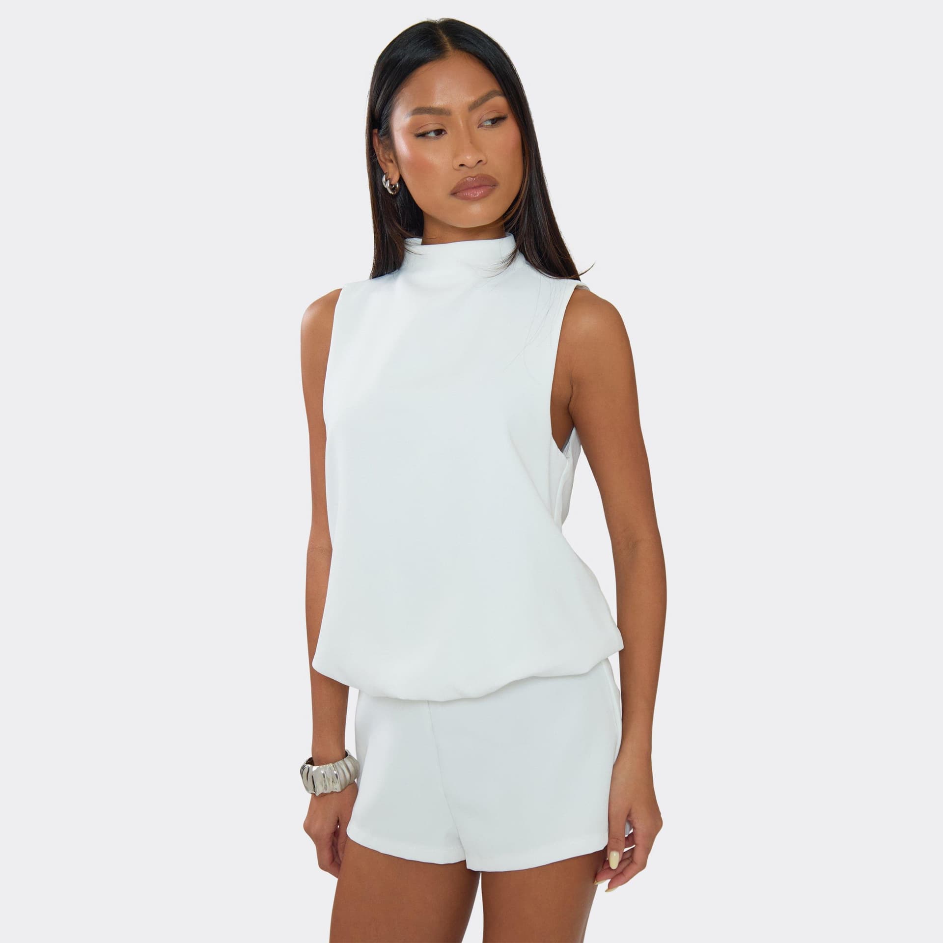 EGO High Funnel Neck Sleeveless Playsuit In Cream, Women's Size UK 6