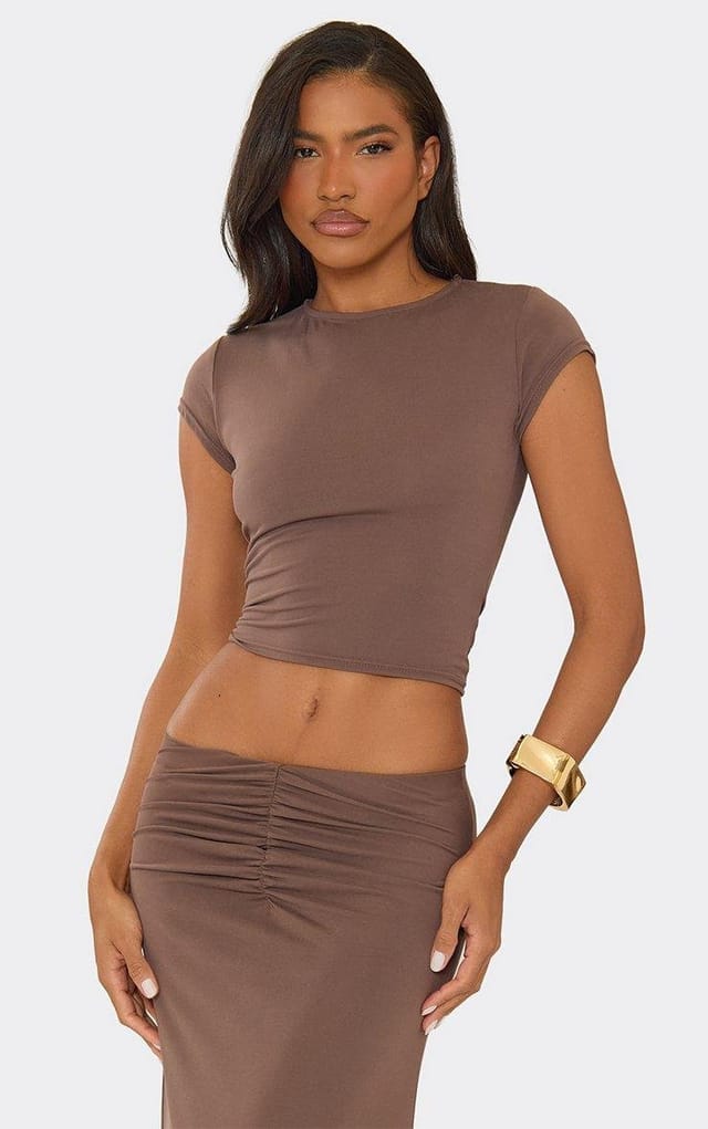 EGO Short Sleeve T-Shirt In Taupe Modal, Women's Size UK 6 - 2